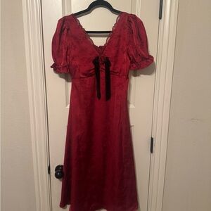 Red Velvet V-Neck Midi Dress with Puff Sleeves